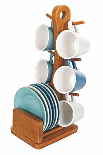 Villa d'Este Home Tivoli Juego de 6 tazas de café con platillo de gres, soporte de madera, Shade of Ocean, azul, medianas