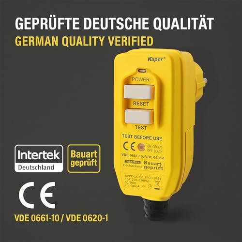 Kaper PRCD Personenschutzstecker, 16A 230V IP54, Tragbarer FI-Schutzschalter mit 30mA Auslösestrom, Wasserdicht für Baustelle, Garten, Camping und Werkstatt