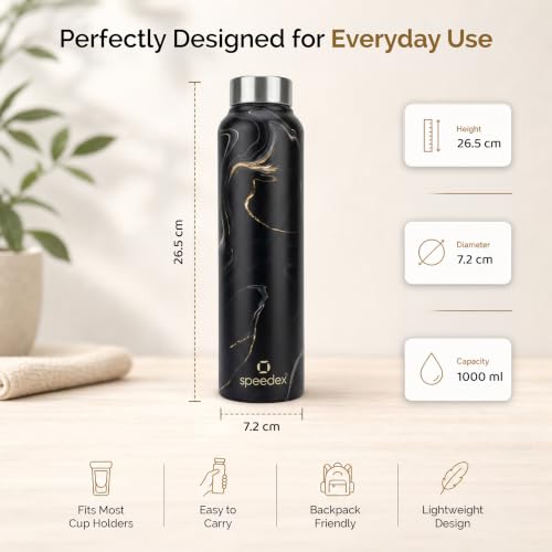 Image of Speedex Stainless Steel Printed Water Bottle 1 Ltr 1000 ml, BIS Approved, Leak Proof Screw Cap Bottle for Office, School, Travel, Daily Use for Men, Women, Kids, Adults, Gold Mine, Set of 3