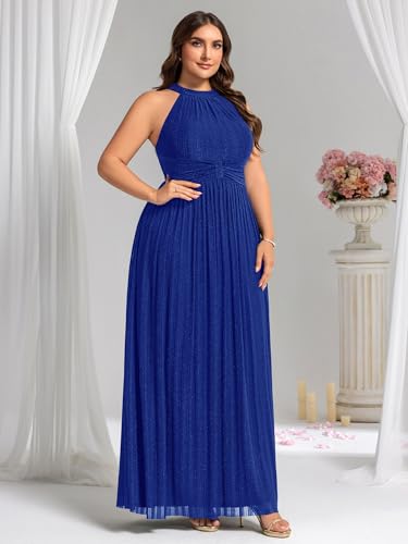 Image of Ever-Pretty Plus Women's Floor Length A-Line Halter Sleeveless Pleated Glitter Plus Size Formal Dress Evening Gown