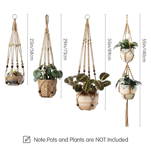 GEEKEO Blumenampel Hängend Innen, 4er Set Makramee Hängeampel mit Haken, Makramee Pflanzenhänger Innen Pflanzkorb Hängender, Boho Deko Baumwollseil Hängepflanzen Topf für Balkon Fenster Deko