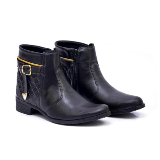 Bota Feminina Casual Cano Curto, Coturno com Fivela Dourada, Preta, Design Matelassê (Preto, BR, Adulto, Numérico, 38)