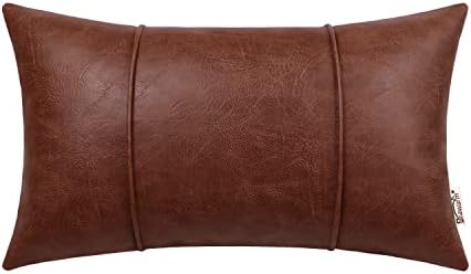BRAWARM Dark Brown Leather Throw Pillow Covers 12 X 20 Inches - Faux Leather Lumbar Pillow Cover with Piping, Hand Stitched Leather Throw Pillow for Couch Sofa Bed Living Room Home Decorative
