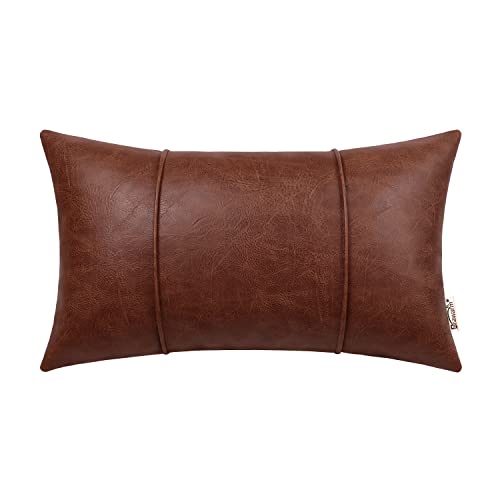 Brawarm Dark Brown Leather Throw Pillow Covers 12 X 20 Inches - Faux Leather Lumbar Pillow Cover With Piping, Hand Stitched Leather Throw Pillow For Couch Sofa Bed Living Room Home Decorative #TOP3