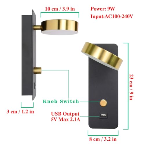 Lampe murale orientable à 300 degrés LED 9W et chargeur USB C noir - 8