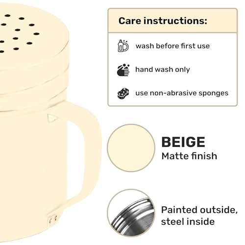 Image of CUSINIUM 6oz Beige Stainless Steel Salt Pepper Dredge Shakers - With Plastic Cap - With Handle - Pack of 2