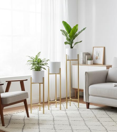 Image of Planters for Indoor Planters Indoor Plant Stands with Pots (White /Gold (Tall Stands) Set of 3)
