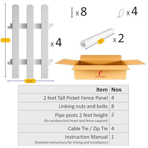 Image of Garden Picket Fence 60cm (2ft) Tall - White - 4 Panels Solid WPC Waterproof - 142cm (4ft 8in) Running Length - with Pipe Posts for Soil Support - Trio Model - Indoor & Outdoor Border Partition