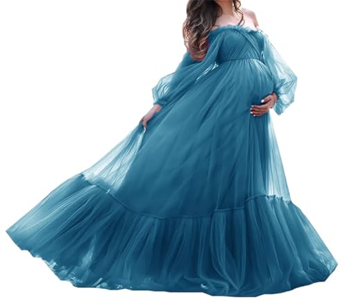 AHERKLL Bata de tul hinchada de maternidad para sesión de fotos, lencería larga y transparente, para baby shower, embarazo, fotografía, vestido ZM017, azul, 42