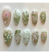 24Pcs Flower Press on Nails Medium Almond Fake Nails Green Leaf with White Flower Design Gilding ...
