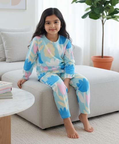 Image of Anthrilo Pajama T-Shirt Set for Girls | Kids Night Suit for Girls | Nightwear | 100% Cotton Pyjama Set Aqua Flower Print Aqua | Long Sleeve T-Shirt and Pajama | Kids Girls Sleepwear | 8-9 Years