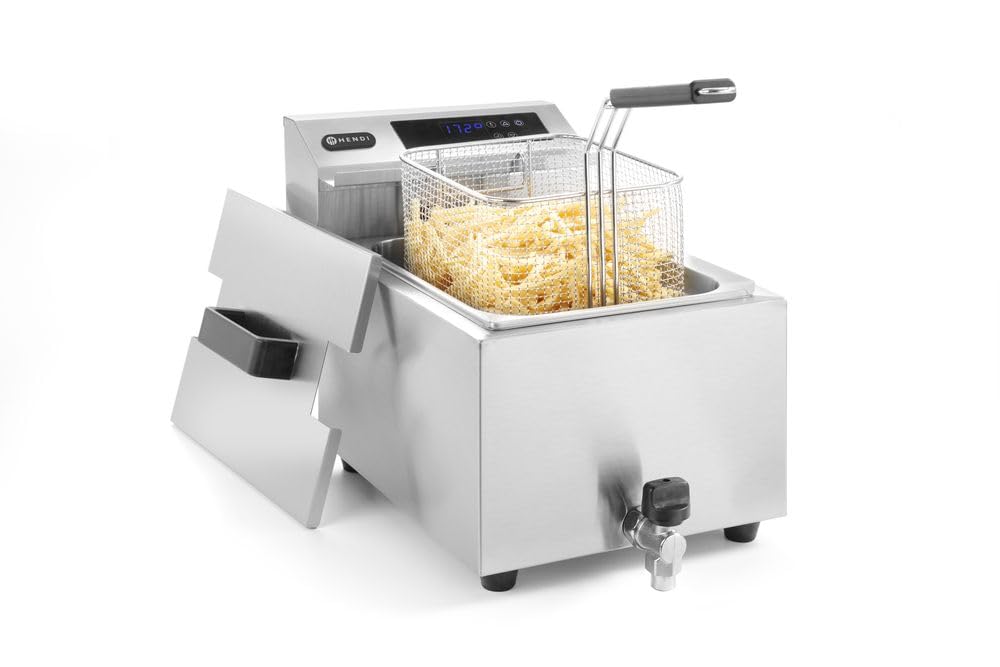 HENDI Freidora eléctrica digital, T ajustable de 25°C a 195°C, termostato de seguridad, zona fría, con tapa y cesta de freír, grifo de drenaje, 8L, 230V, 3500W, 300x515x(H)345mm, acero inoxidable 18/0
