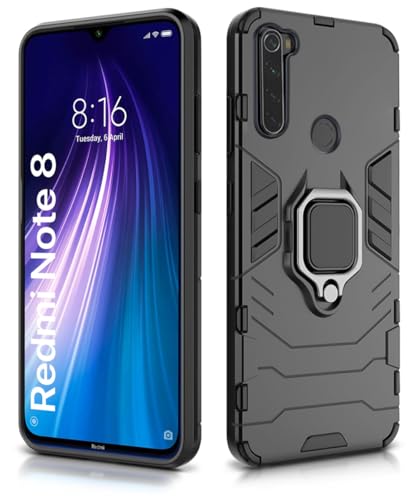 Image of WOW IMAGINE Shock Proof Back Case Mobile Cover for Xiaomi Redmi Note 8 (Armor | Hybrid PC + TPU | Full Protection with Ring Holder Kickstand | Carbon Black)