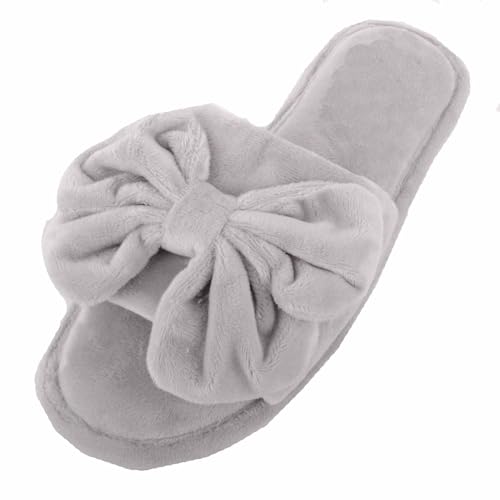 Image of ABSOLUTE FOOTWEAR Womens Easy Slip On Velour Style Open Toe Mule Slipper with Bow Detail - Grey - UK 5 / EU 38