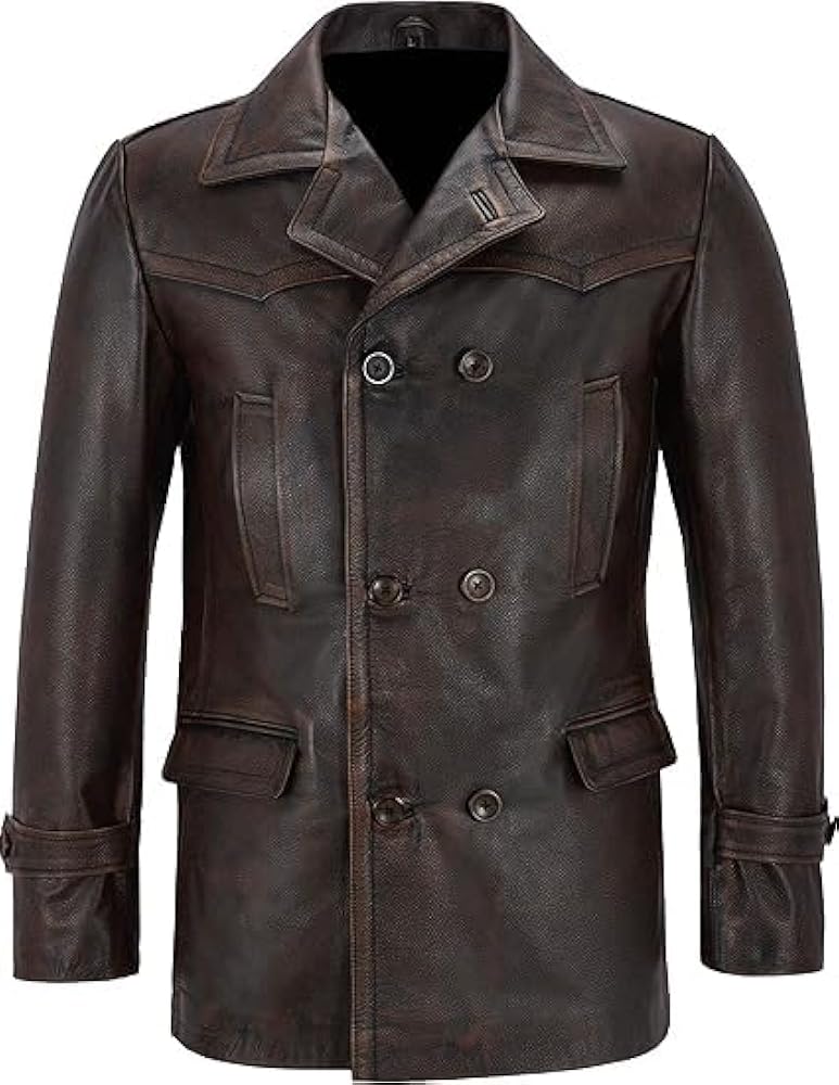 ジャケット・アウター 30s Special Vintage Double Brested Coat Mens Retro Double Breasted Belted Peacoat Horsehide Leather