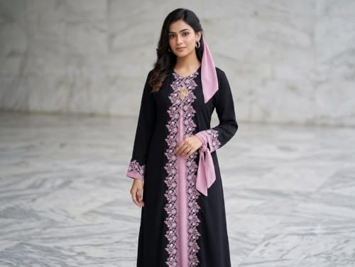Image of Women's Black & Pink Embroidered Abaya JAKET Dress