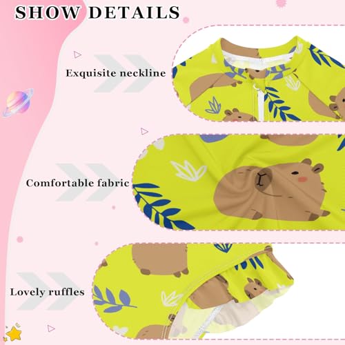 Yellow Cute Capybara Girls Long Sleeve Swimsuit Rash Guard One Piece Bathing Suits Zipper 3-12T4