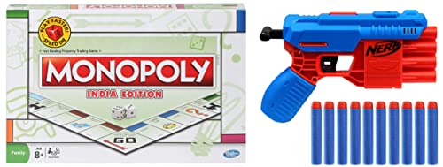 MONOPOLY India Edition Game & Puzzles for Families and Friends & Nerf Alpha Strike Fang QS-4 Toy Blaster, 4-Dart Blasting Fire 4 Darts in a Row, 10 Official Nerf Elite Darts Easy Load-Prime-Fire