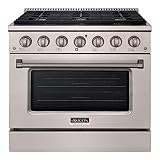 Akicon 36" Slide-in Freestanding Professional Style Gas Range with 5.2 Cu. Ft. Oven, 6 Burners, Convection Fan, Cast Iron Grates, & Blue Porcelain Oven Interior, In Stainless Steel