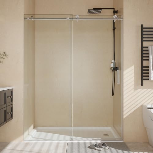 Image of Frameless Sliding Shower Door,44-48 in w x 76 in h Waterproof Glass Shower Door,1 /4 in Thick Tempered Clear Glass with Explosion-Proof Film,Handle and Seal Strip, Brushed Nickel