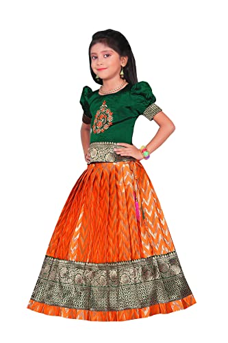 Image of New south Indian traditional pattu pavadai Jecquard Lehenga choli for girls dress