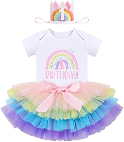 Baby Girl Boho Rainbow 1st First Birthday Cake Smash Outfit One Year Old Party Photo Props Cotton Short Sleeve Romper Tutu Tulle Skirt Diaper Cover Shorts Mini Crown Hat 3pcs Set Multicolor