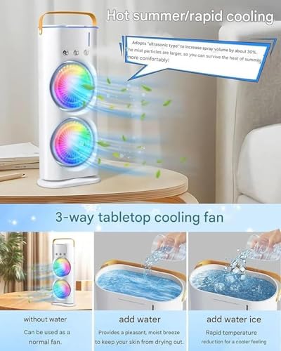 Image of Voidrop Portable Dual Fan Mist Cooler - Rechargeable Evaporative Air Cooler with RGB Lighting, 3 Mist Modes, & Remote Control | Ultra-Quiet Desktop Humidifying Fan for Home, Office, and Travel-White