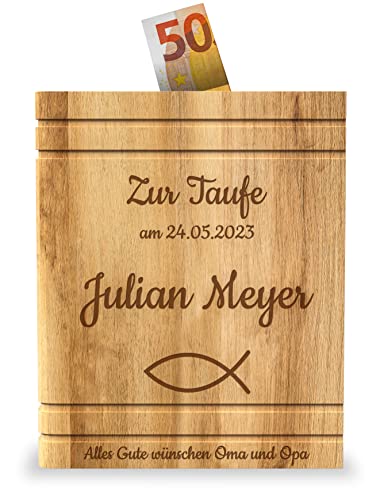 Geschenkfreude Spardose Taufe mit Gravur aus Holz - persönliche Taufgeschenke