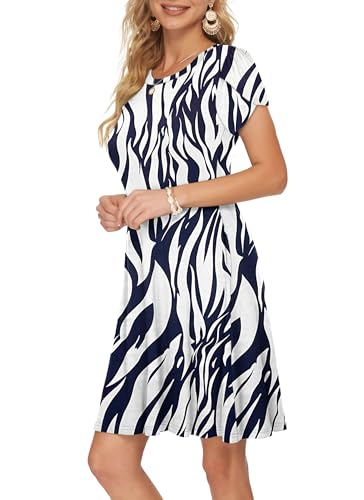 PLOKNRD Sommerkleid Damen Blütenblatt Ärmel T-Shirt Kleid Rundhals Blumenmuster Freizeitkleid Leicht und Luftig mit Taschen(Blatt Navy Weiß,M