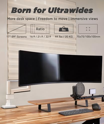 Image of ULTRARM Heavy Duty Ultrawide Monitor Arm White with Moodular Wooden Monitor Stand Large Desk Organizer Oak