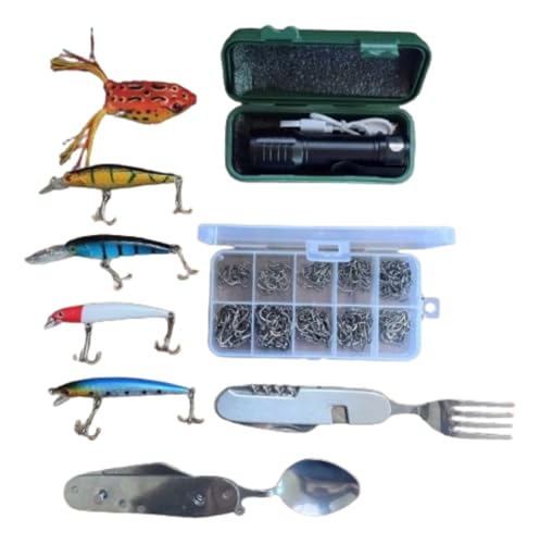 Kit Completo Para Pesca Com Iscas Artificiais Anzóis Canivete e Lanterna Tática