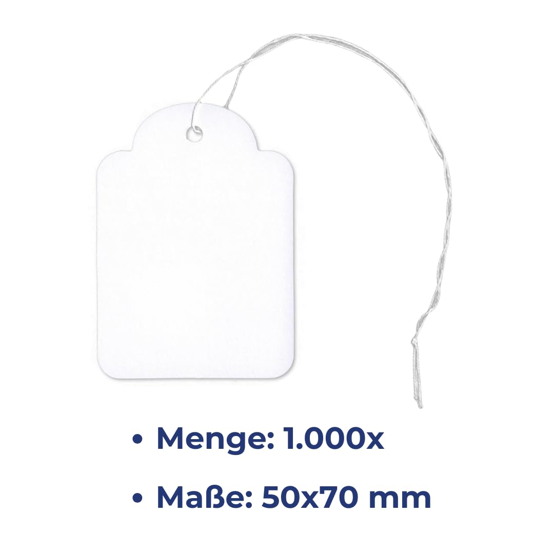 POKORNYS - 1.000 blanko Preisetiketten mit Faden (50 x 70 mm) weiß I Etiketten zum Beschriften I Preisschilder aus Karton mit Baumwollfaden I Anhänger, Hängeetikett, Geschenkanhänger für Kleidung uvm.