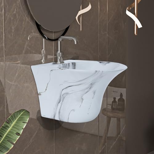 Image of REMANENCE Luxury Wall Mount Half Pedestal Wash Basin for Bathroom | Designer Wall Hung Basin | Wall Mounted Washbasin for Resturent, Hotels (16 x 16 x 11 Inch) (Marble Grey)