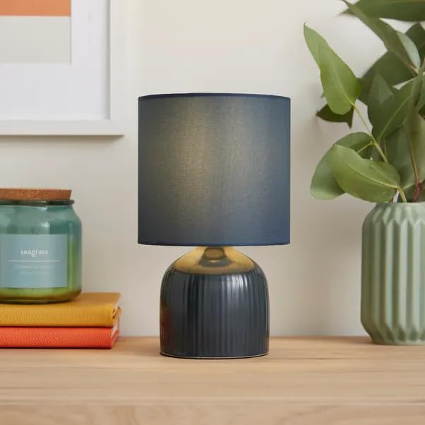 New Ribbed Ceramic Table Lamp – Modern Fabric Shade – E14 SES Fitting – Inline Switch – 4W Max – Compact Bedside or Desk Light M-01 (Ink Blue)