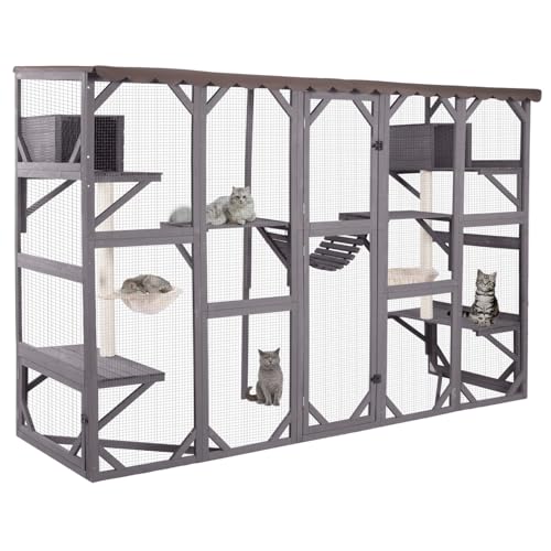 AIVITUVIN Catio Outdoor Cat Enclosure with Scratching Posts Large Wooden Cat House Playground Wall-Mounted Window Box Weatherproof Roof