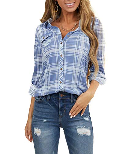 NUOREEL Women's Classic Plaid Shirt Button Down Shirts Roll Up Long Sleeve Cuffed Shirts2