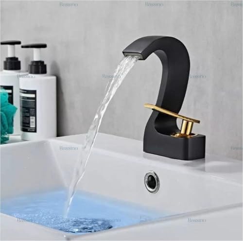 Image of BASSINO Stylish Waterfall Bathroom Faucet - Brass, Black & Gold, Single Hole, Floor Mount, 1 Hole, 1 Handle, Lever, Ceramic Disc Cartridge, Robotic Electroplating, Corrosion Resistant, Timeless Finish