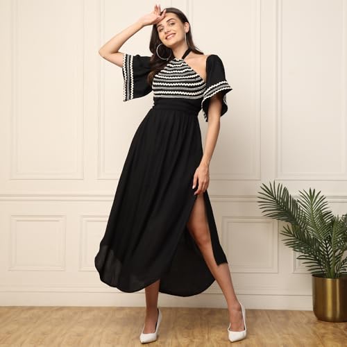 Image of DEEBACO Solid Rayon A-Line Slit Dress for Women's|Off Shoulder Short Bell Sleeve Maxi Dress with Pockets|Summer Western Party Casual Wear Dress for Ladies