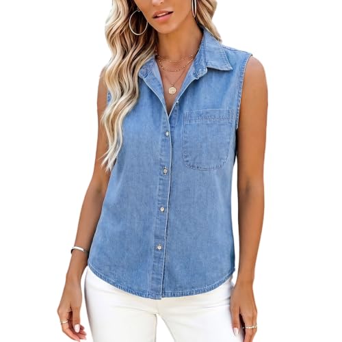 Women Sleeveless Faux Denim Shirt Classic Spread Collar Front Button Blue