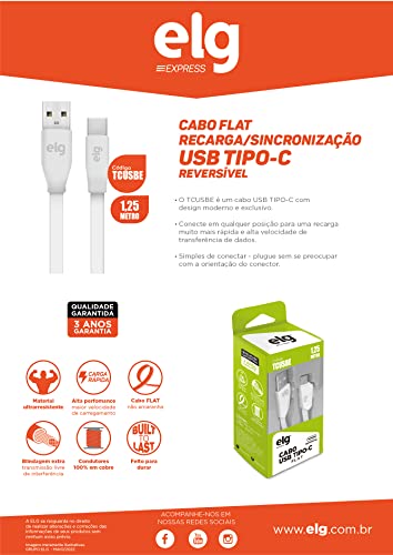 Cabo Sincronização/Recarga USB Tipo-C Reversível, ELG, TCUSBE, Branco 4 Cabo Sincronização/Recarga USB Tipo-C Reversível, ELG, TCUSBE, Branco - Imagem 4