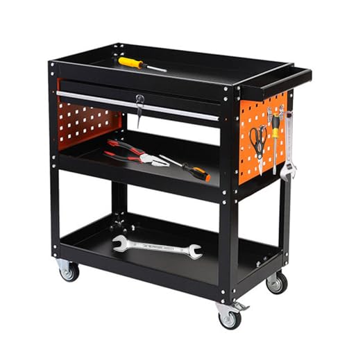 YEZMEK 3-Tier Tool Trolley with Tool Drawers and Hooks, Movable Tool Trolley on Wheels, 200kg Capacity Tool Storage for Car, Garage, Workshop & Cleaning Use