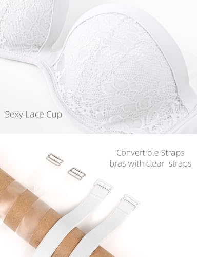 Image of Upushall Push Up Strapless Bra with Clear Straps Covertible Plunge Lace Padded Add 2 Cups Low Cut Underwire Bras for Women