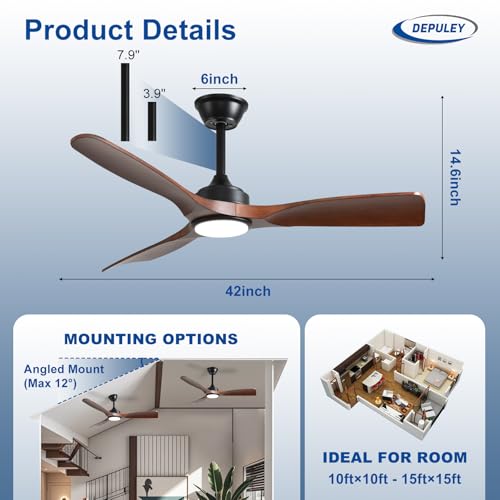 Image of Depuley 42-Inch Ceiling Fan with Light: Walnut 3 Blade Indoor Outdoor Fans for Patios - Dimmable Ceiling Fan with Remote Control Fandelier Ultra Quiet DC Motor Reversible 6 Speed Timer