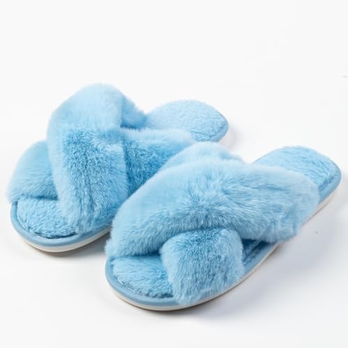 Image of Women's Cross Band Fuzzy Slippers Fluffy Open Toe House Slippers