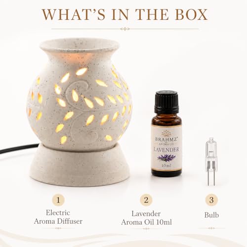 Image of BRAHMZ Ceramic Electric Aroma Oil Diffuser | Ancient Matki Design Oil Burner with Halogen Bulb & Lavender Aroma Oil (White, 10g)
