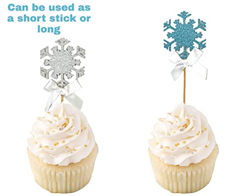 Snowflake Cupcake Toppers Frozen Cupcake Toppers Winter Snowflakes Decoration Light Blue&Silver With A Silk Ivory Bow. Christmas Decoration , Frozen Party Toppers 12 Ct. #TOP5