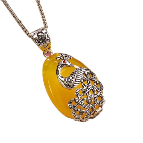 Collier argent s925 paon anti-ternissement avec pendentif calcédoine pour peau sensible