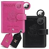 LOBIUTIYA 2 Pack Passport Holder For Travel with Slot for AirTag & Luggage Tag Cover – RFID Blocking Passport Holder for Travel Women/Men | PU Leather Passport Case with Pocket, Black/Pink