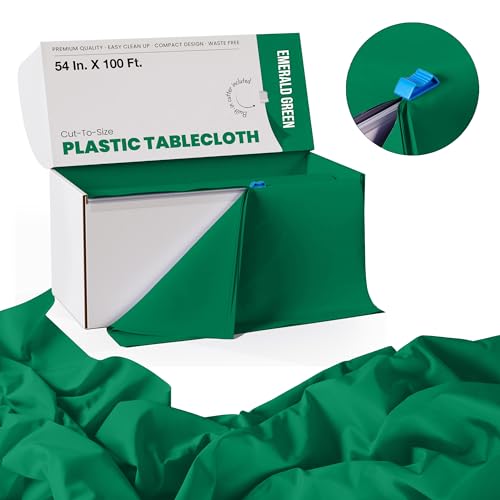 Image of Exquisite Party Solids 54 Inch X 100 Feet Emerald Green Plastic Table Cover Roll in A Cut - to - Size Box with Convenient Slide Cutter. Cuts Up to 12 Rectangle 8 Feet Plastic Disposable Tablecloths