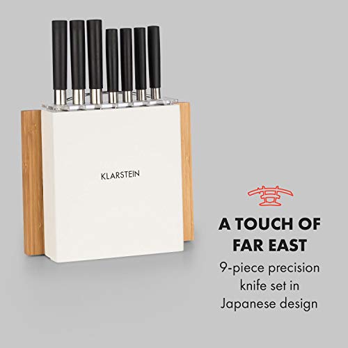 Klarstein-Kitano-Juego-de-cuchillos-de-cocina-Set-de-9-piezas-con-bloque-de-madera-y-tabla-de-cortar-de-bambu-7-cuchillos-de-precision-de-diseno-japones-Blanco